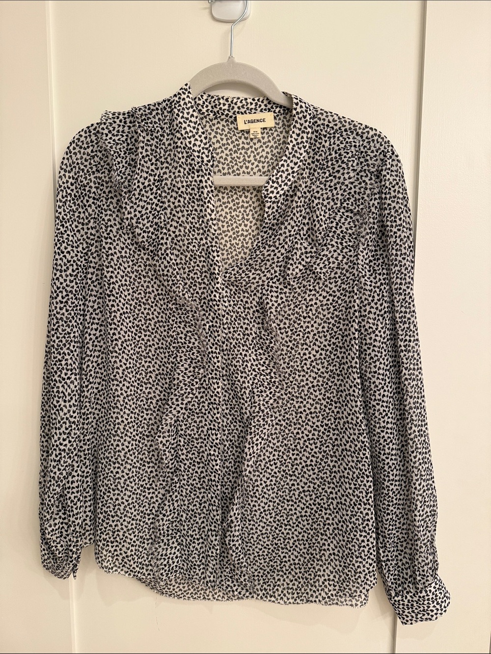 L'AGENCE Black and White Microdot Ruffle Blouse